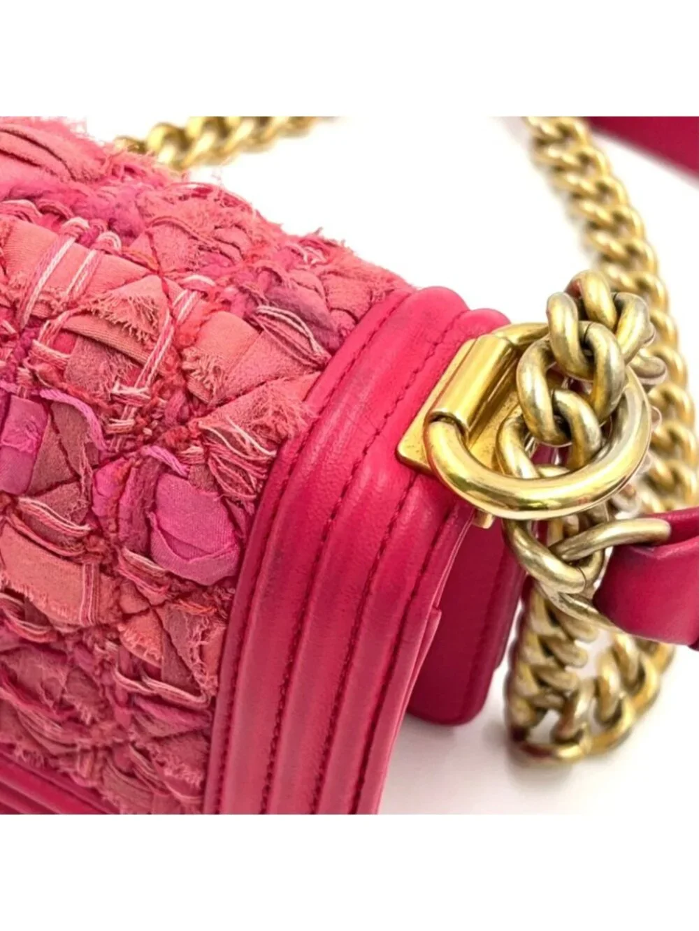 Chanel Boy Small Tweed Lambskin Pink Chain Shoulder Bag Gold